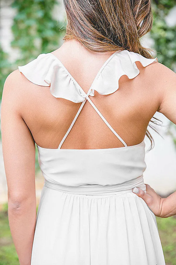 A-Line Deep V-Neck Criss-Cross Straps White Chiffon Bridesmaid Dress with Ruffles AHC647