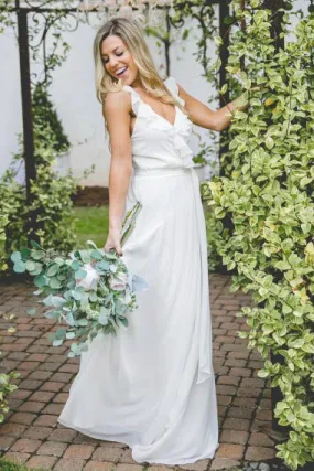 A-Line Deep V-Neck Criss-Cross Straps White Chiffon Bridesmaid Dress with Ruffles AHC647