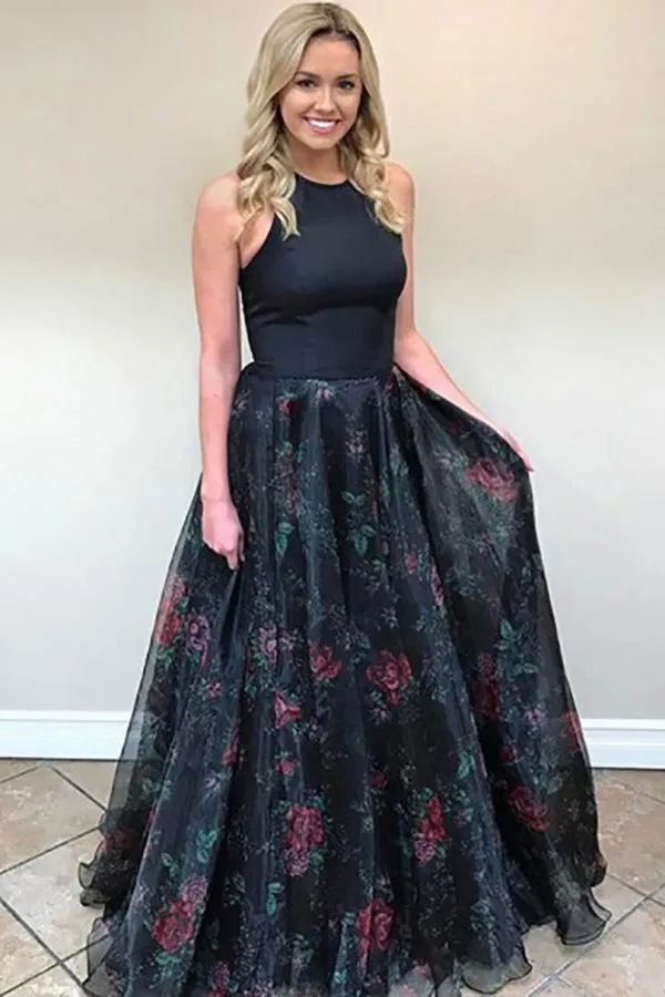 A-Line Jewel Sweep Train Black Printed Chiffon Sleeveless Open Back Prom Dress LRA079