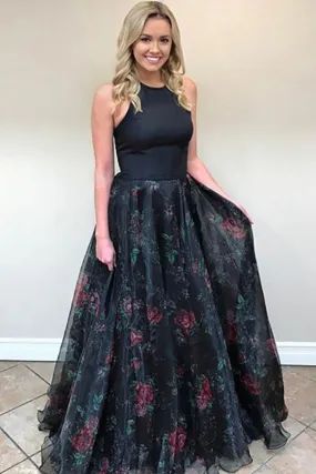 A-Line Jewel Sweep Train Black Printed Chiffon Sleeveless Open Back Prom Dress LRA079
