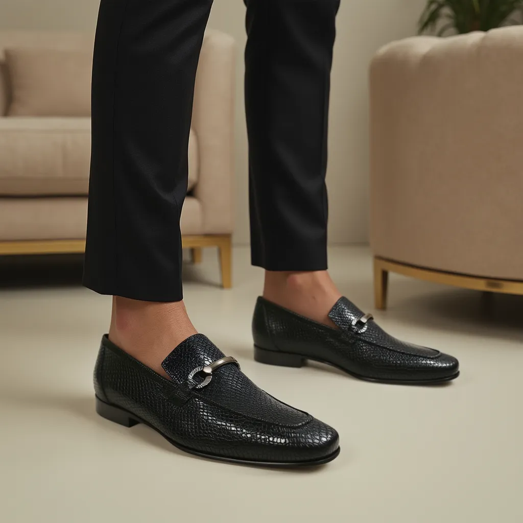 Ambrogio by Mezlan Men's Shoes Black Snake Print Leather Horsebit Loafers (AMZ1015)