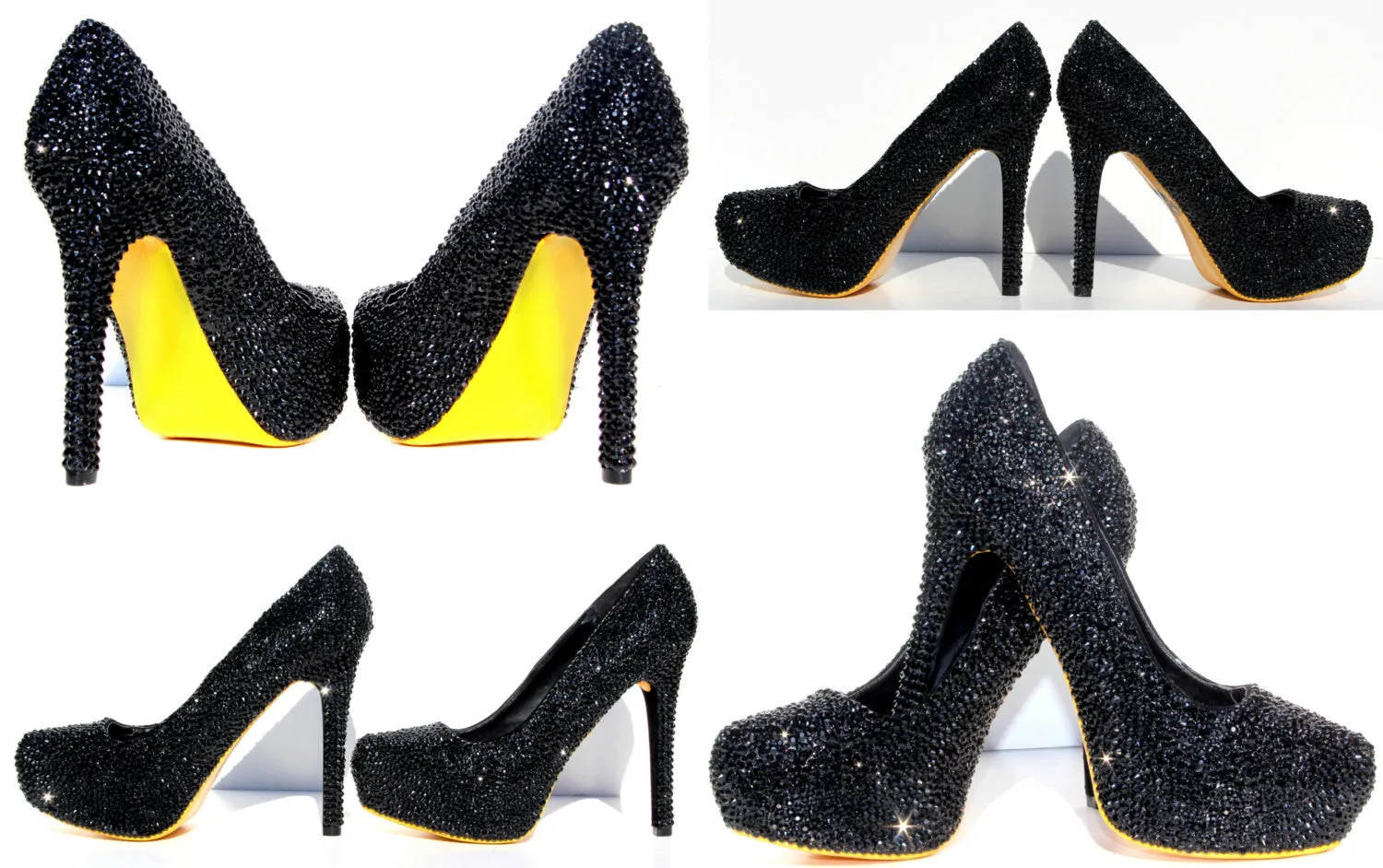 Black Crystal Heels with Sole Color of Choice