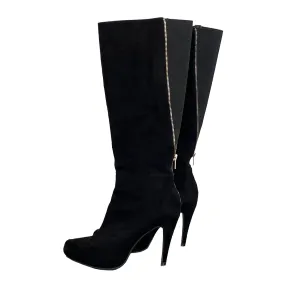 Black Faux Suede Fashion Boots - Stiletto Heel - Knee High - Wide Leg - 8M