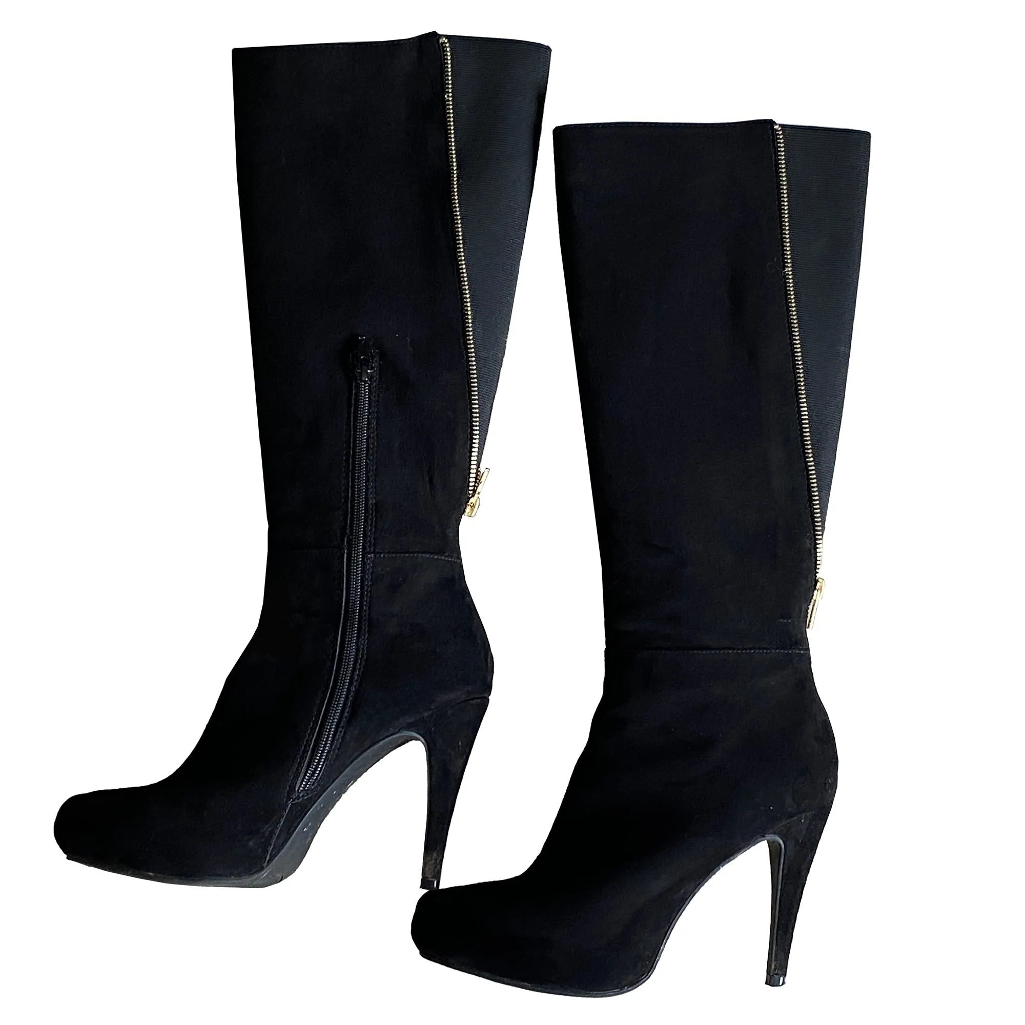 Black Faux Suede Fashion Boots - Stiletto Heel - Knee High - Wide Leg - 8M
