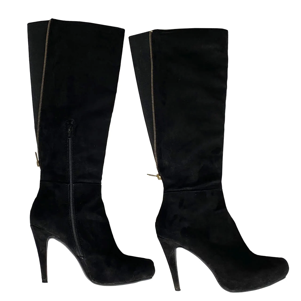 Black Faux Suede Fashion Boots - Stiletto Heel - Knee High - Wide Leg - 8M