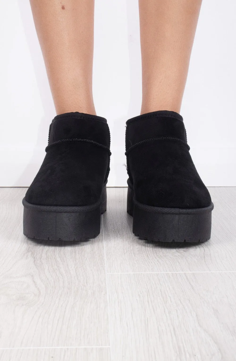 Black Faux Suede Ultra Mini Ankle Ribbed Sole Platform Boots