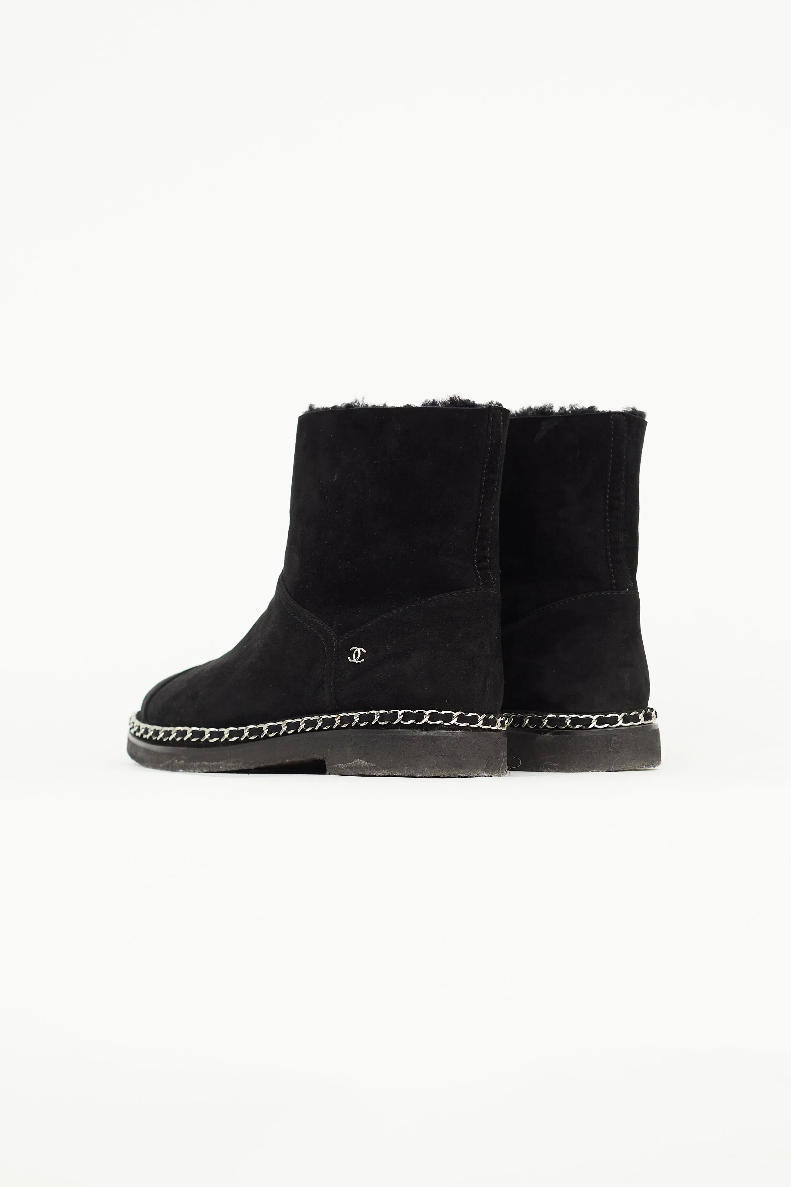 Black Suede & Shearling Chain Ankle Boot