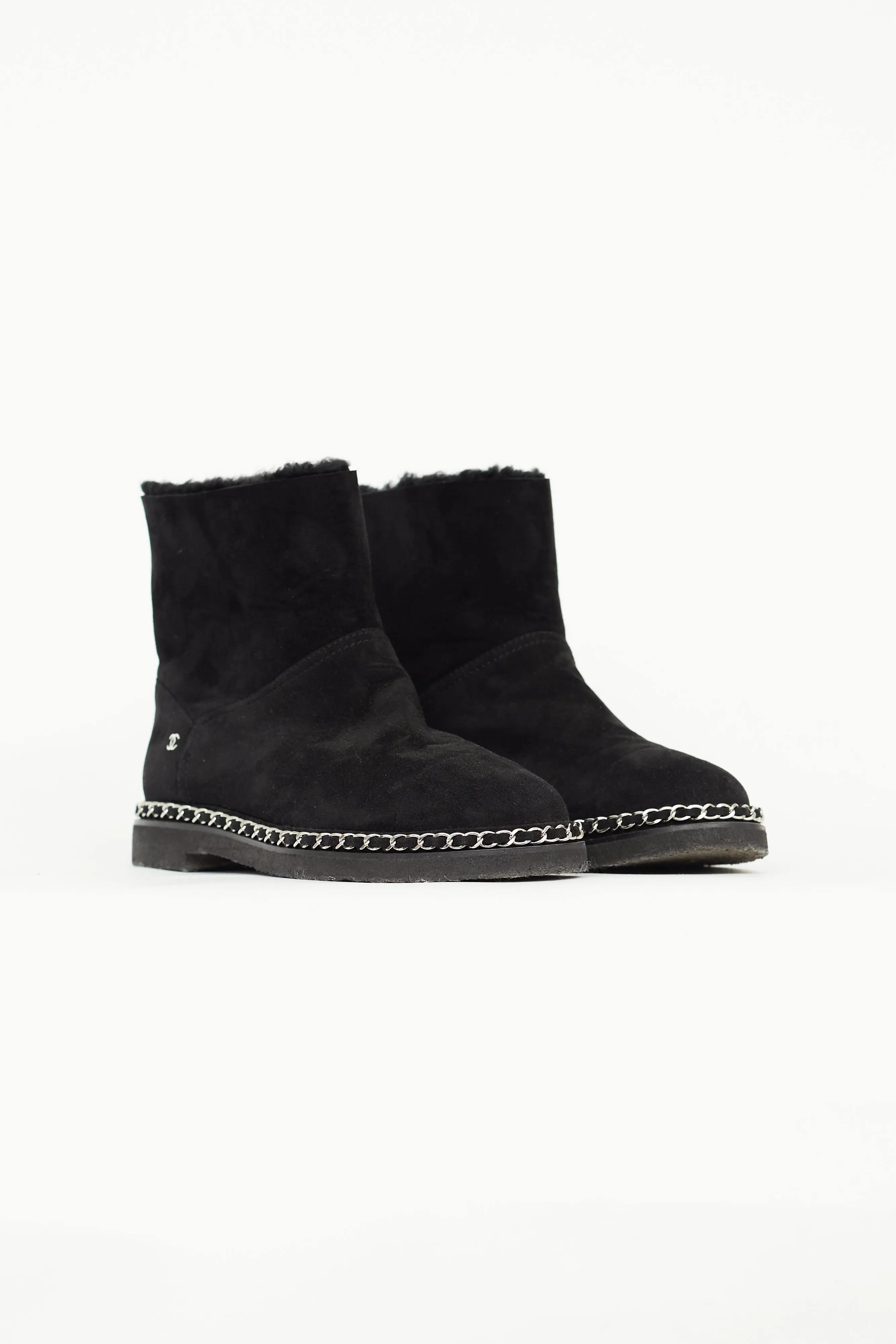 Black Suede & Shearling Chain Ankle Boot