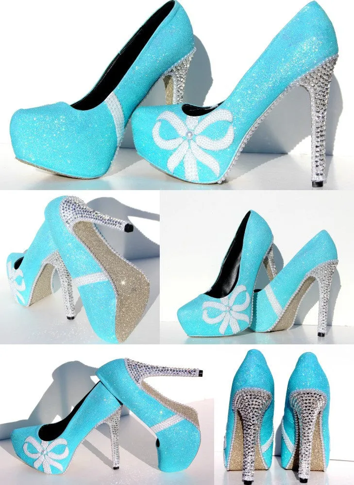 Blue Glitter Heels with Pearls