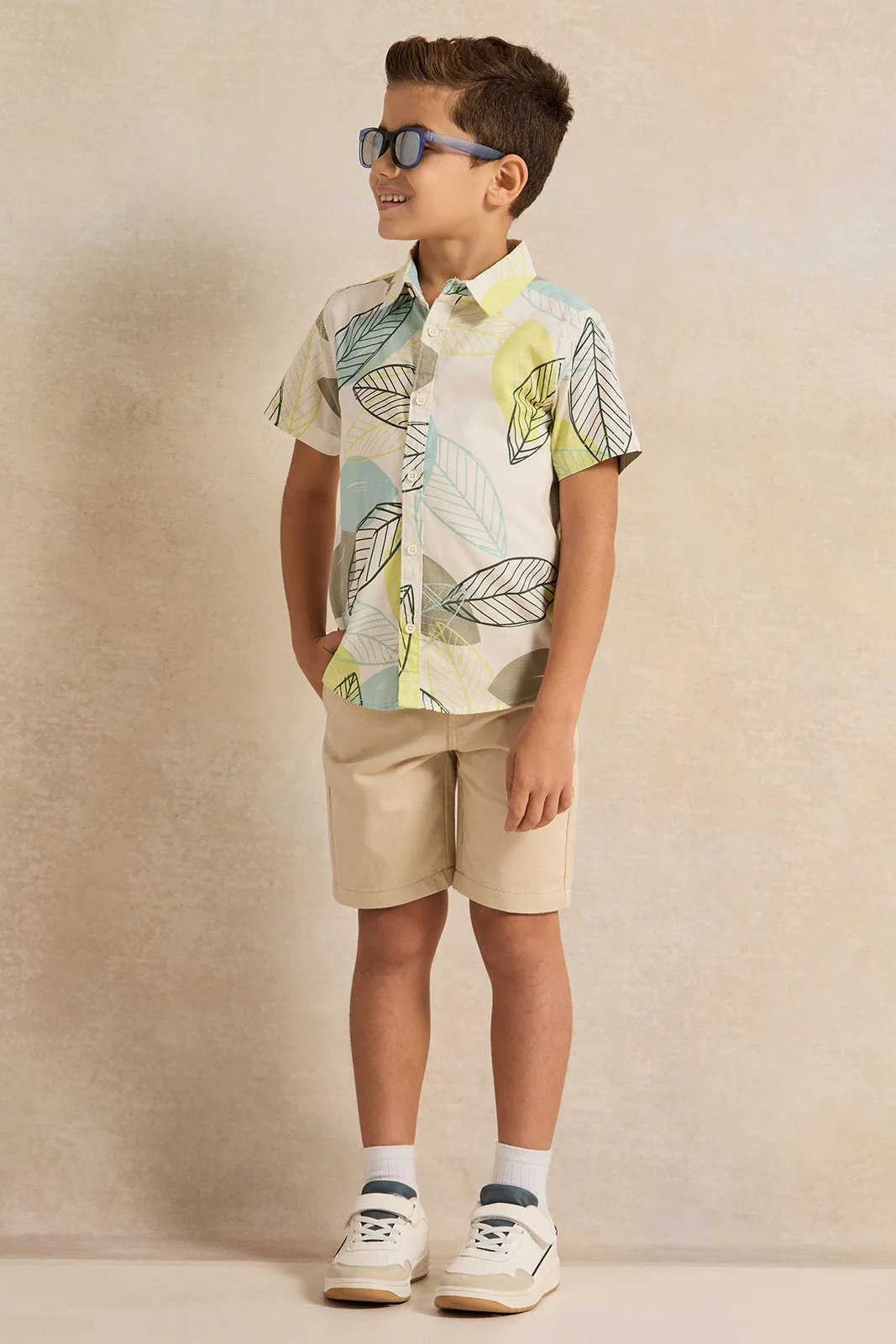 Boys Beige Belted Shorts