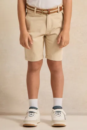 Boys Beige Belted Shorts