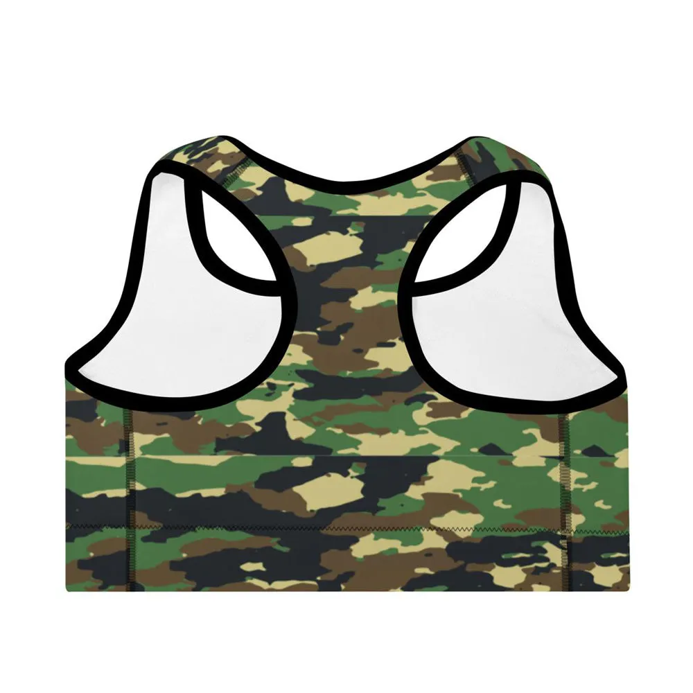 Cara High-Impact Racerback Sports Bra | Padded & Moisture Wicking Fabric | Green Camo