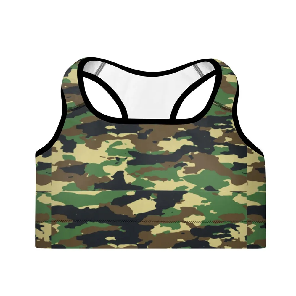 Cara High-Impact Racerback Sports Bra | Padded & Moisture Wicking Fabric | Green Camo