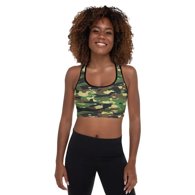 Cara High-Impact Racerback Sports Bra | Padded & Moisture Wicking Fabric | Green Camo