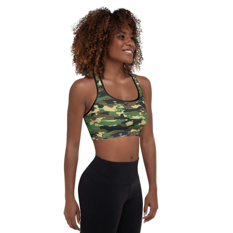 Cara High-Impact Racerback Sports Bra | Padded & Moisture Wicking Fabric | Green Camo