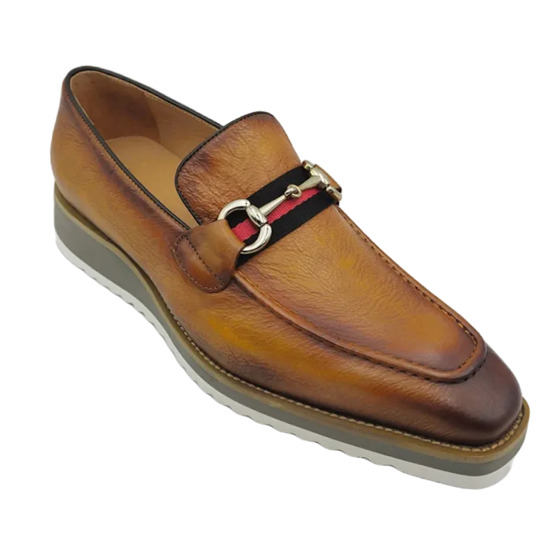 Carrucci cognac loafer men's casual shoes silver buckle genuine leather
