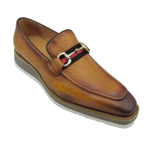 Carrucci cognac loafer men's casual shoes silver buckle genuine leather