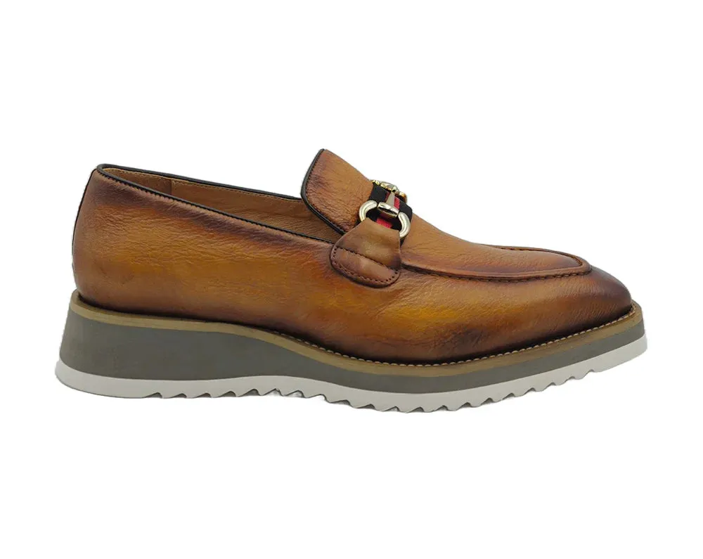 Carrucci cognac loafer men's casual shoes silver buckle genuine leather