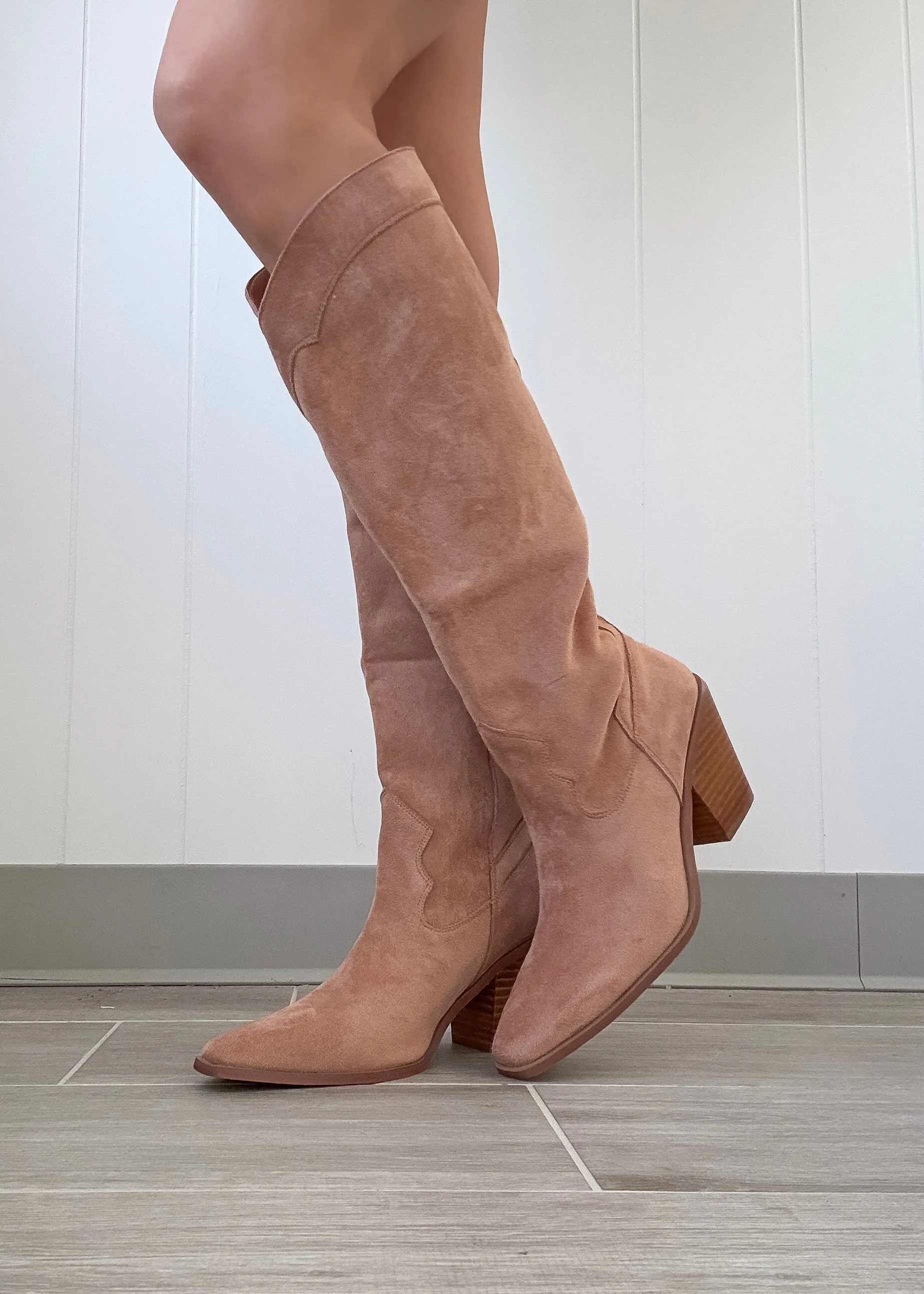 Classy Suede Knee High Boots - Almond