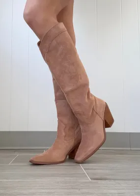Classy Suede Knee High Boots - Almond