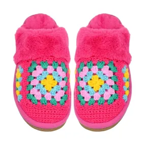 Crochet Granny Square Fur Cuff Slippers - Fuchsia