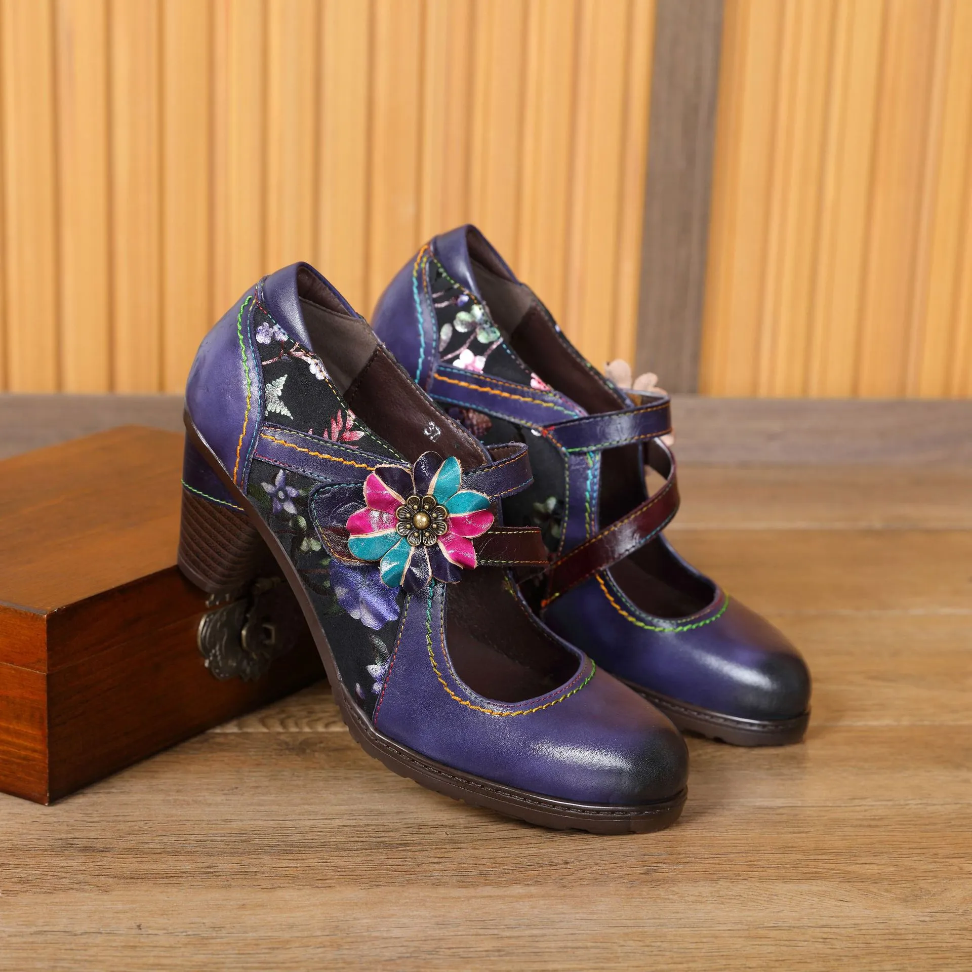 First Layer Cowhide Retro Flower Women's Shoes Red High Heels Fashion Single Shoes