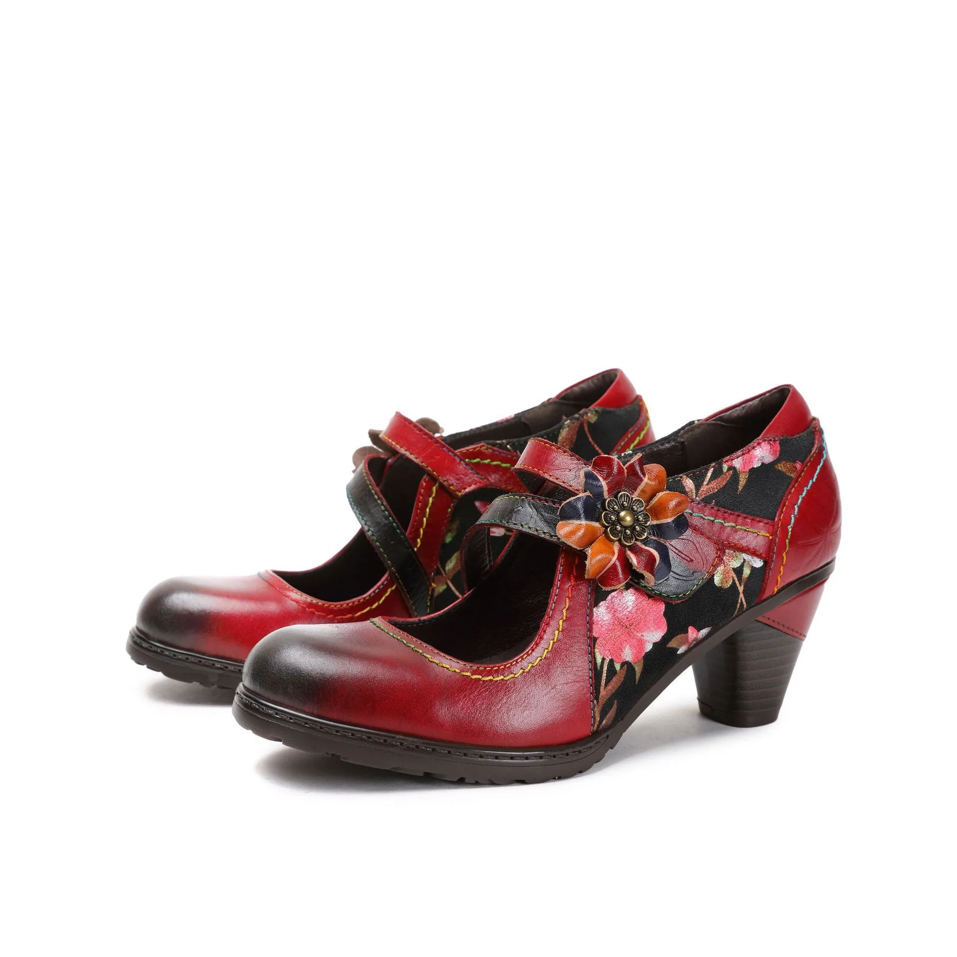 First Layer Cowhide Retro Flower Women's Shoes Red High Heels Fashion Single Shoes