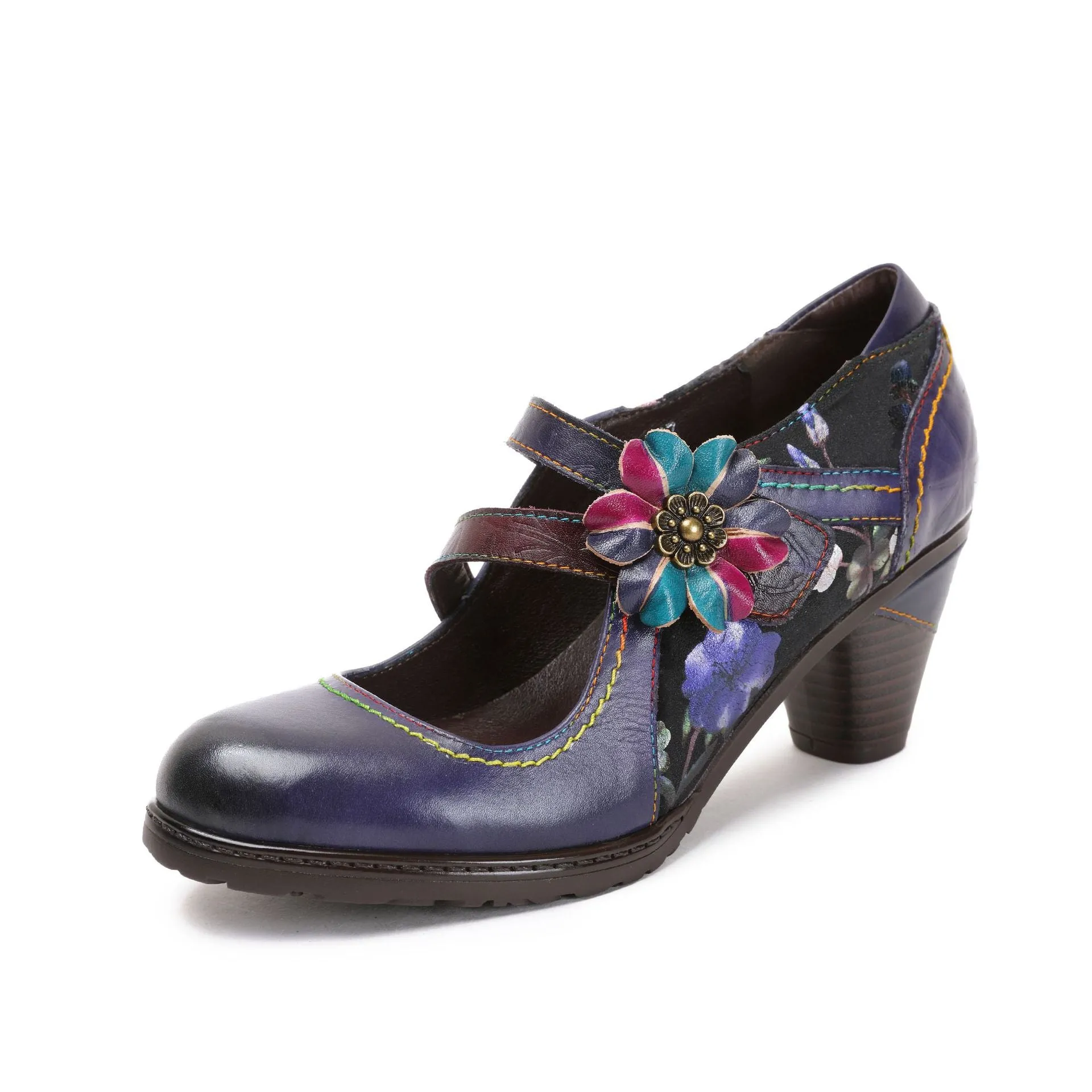 First Layer Cowhide Retro Flower Women's Shoes Red High Heels Fashion Single Shoes