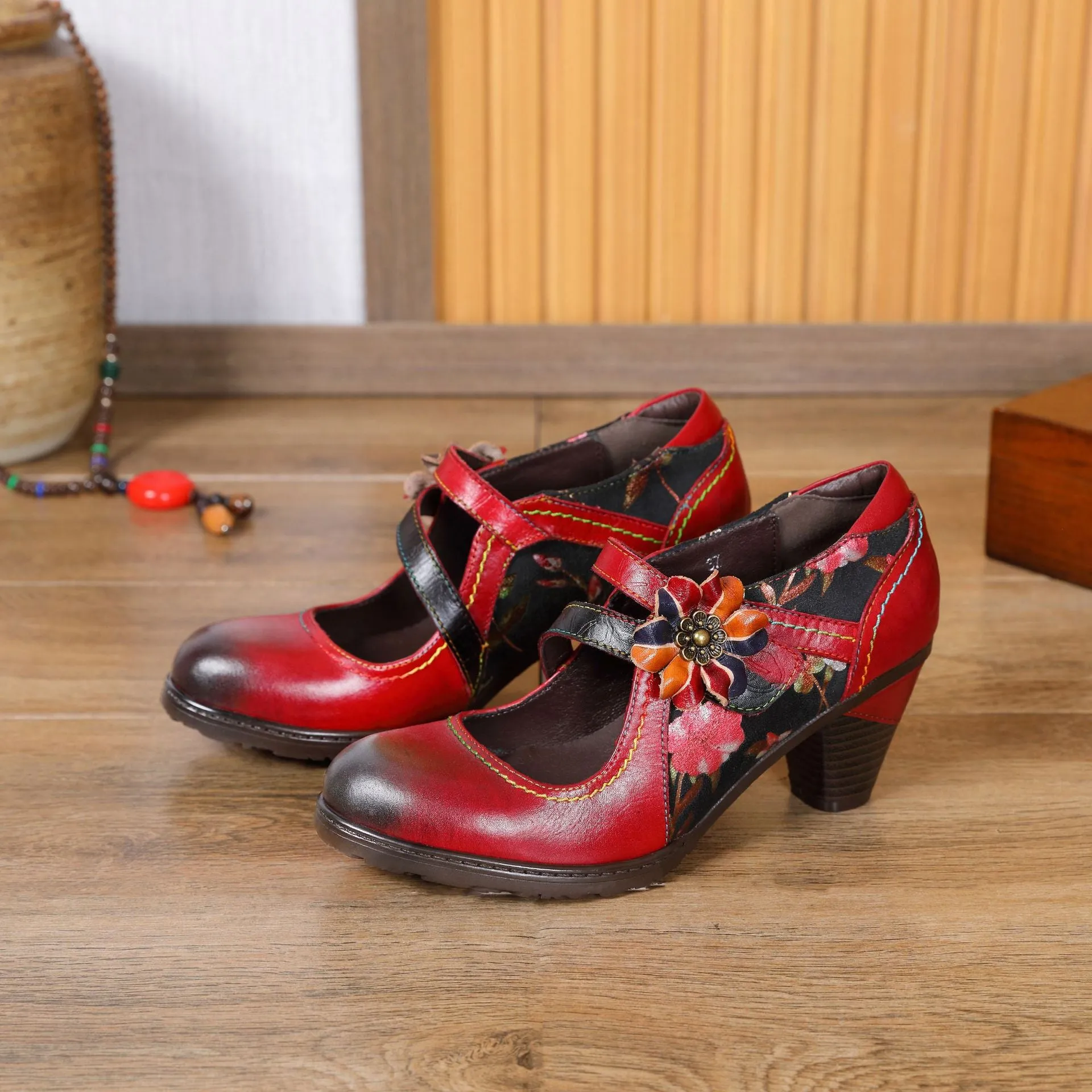 First Layer Cowhide Retro Flower Women's Shoes Red High Heels Fashion Single Shoes