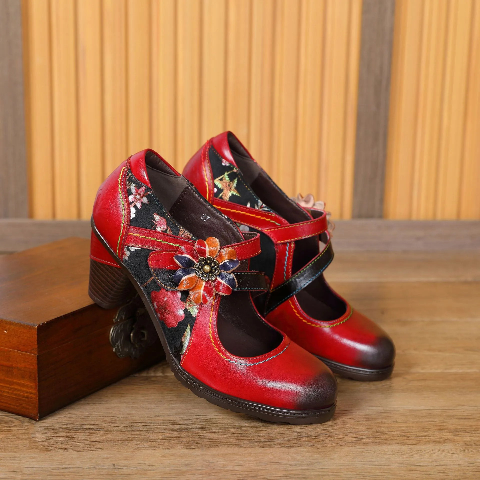 First Layer Cowhide Retro Flower Women's Shoes Red High Heels Fashion Single Shoes