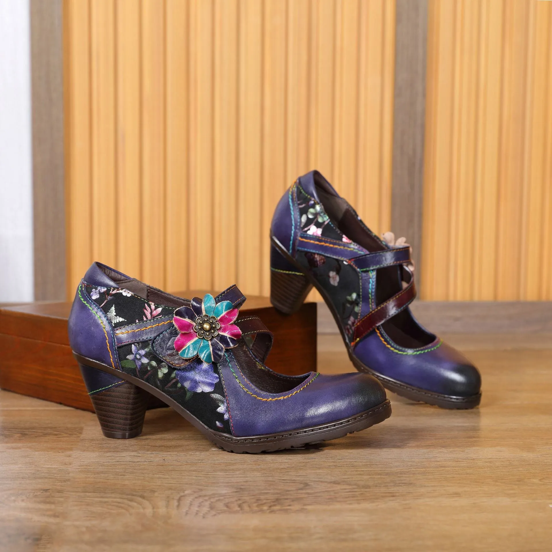 First Layer Cowhide Retro Flower Women's Shoes Red High Heels Fashion Single Shoes