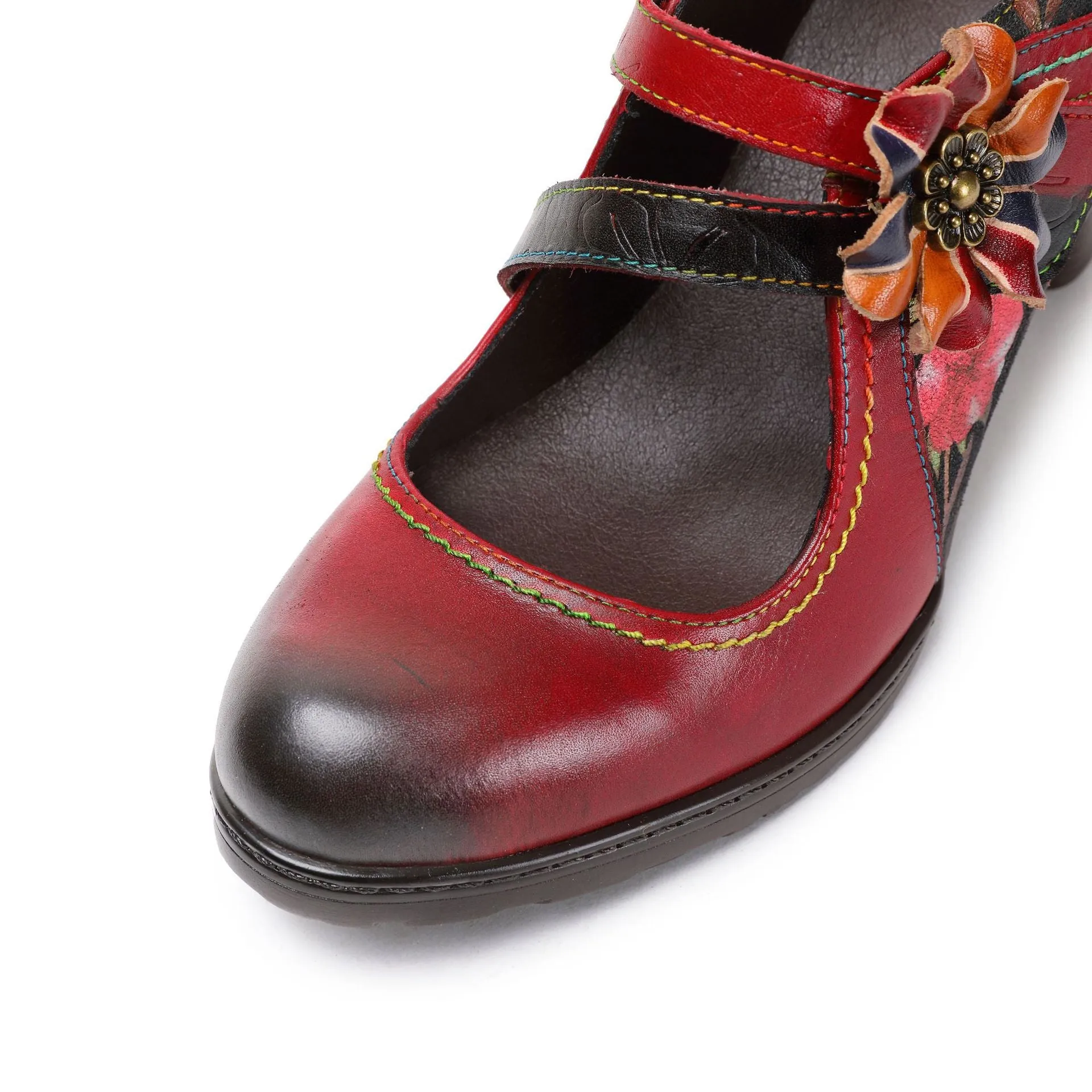 First Layer Cowhide Retro Flower Women's Shoes Red High Heels Fashion Single Shoes