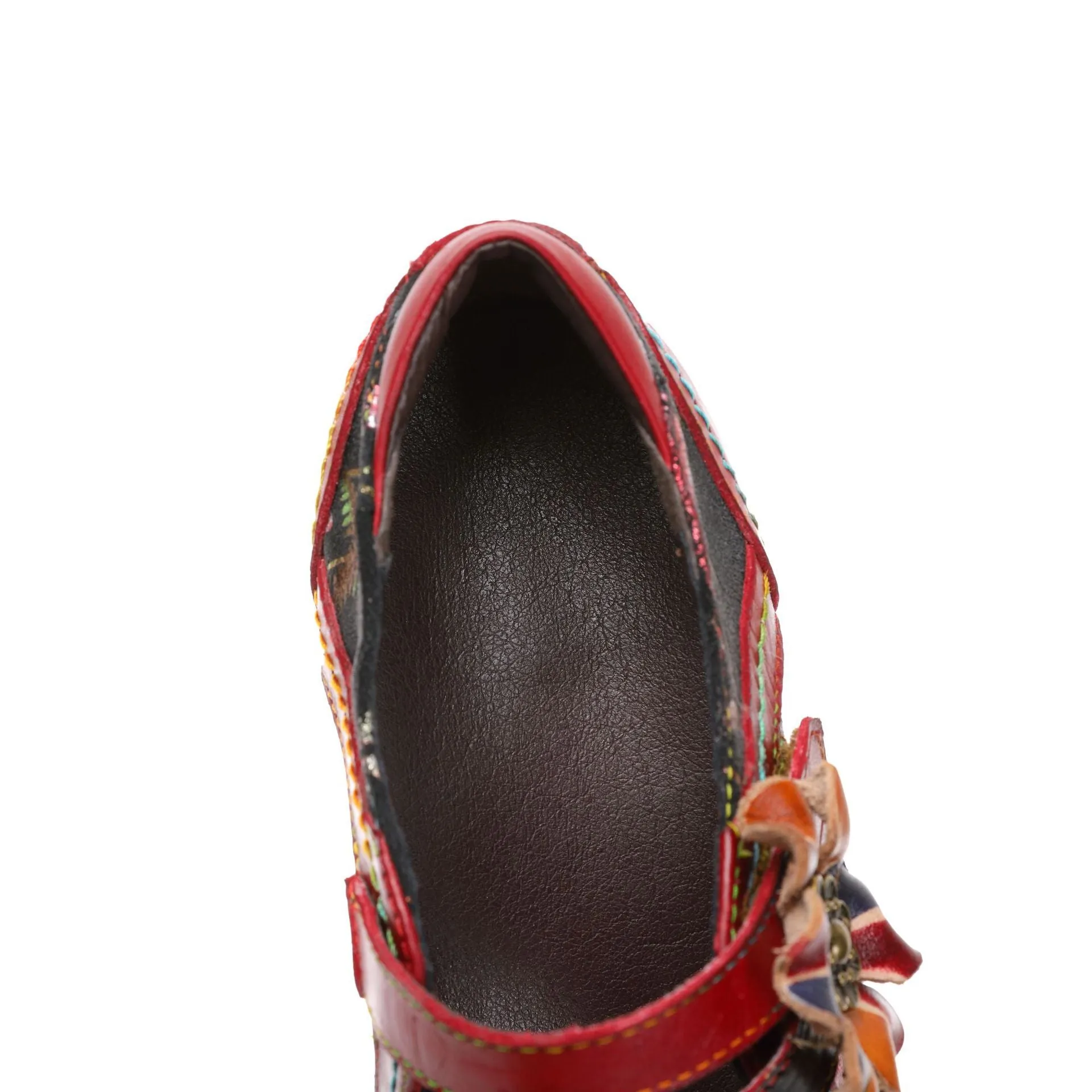 First Layer Cowhide Retro Flower Women's Shoes Red High Heels Fashion Single Shoes