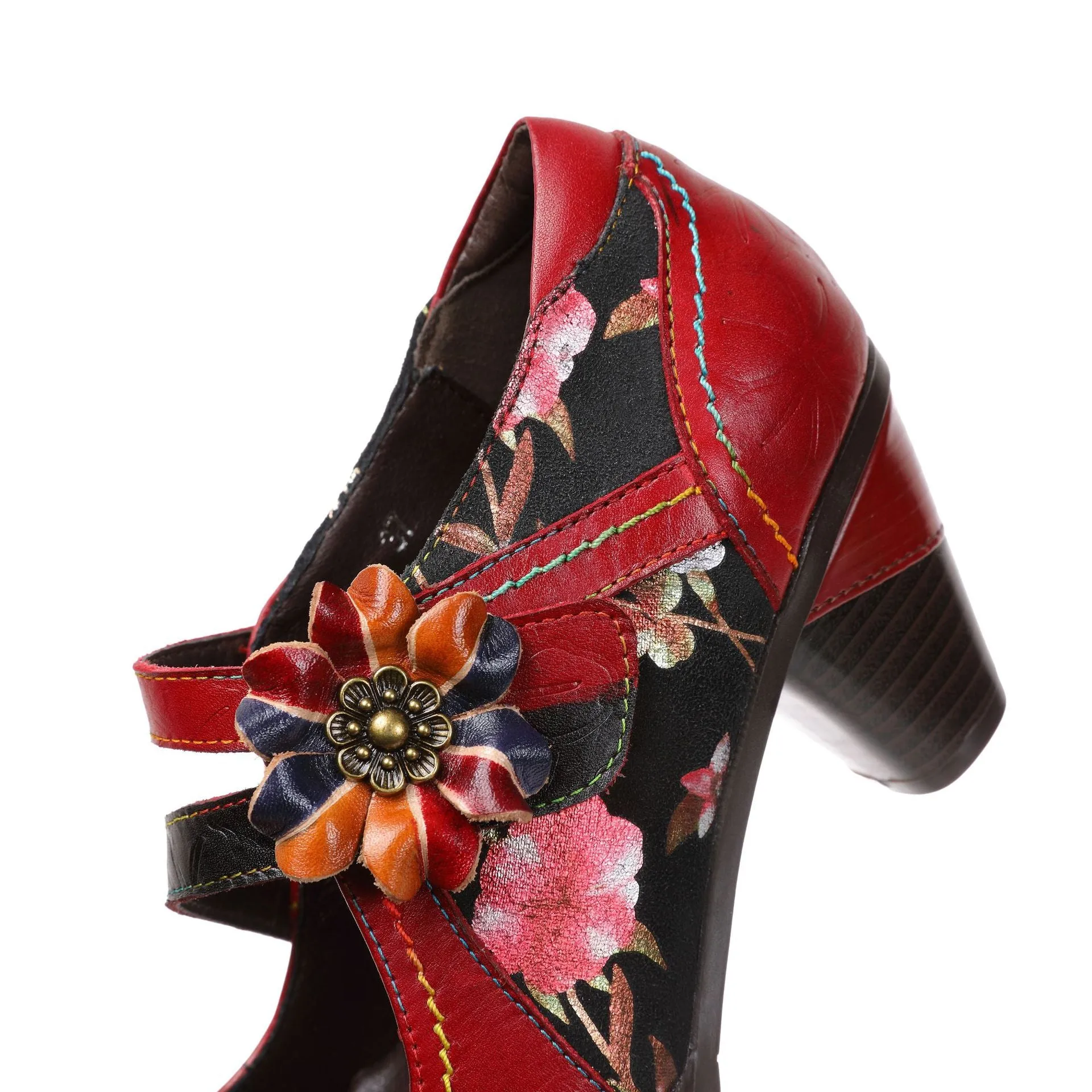 First Layer Cowhide Retro Flower Women's Shoes Red High Heels Fashion Single Shoes
