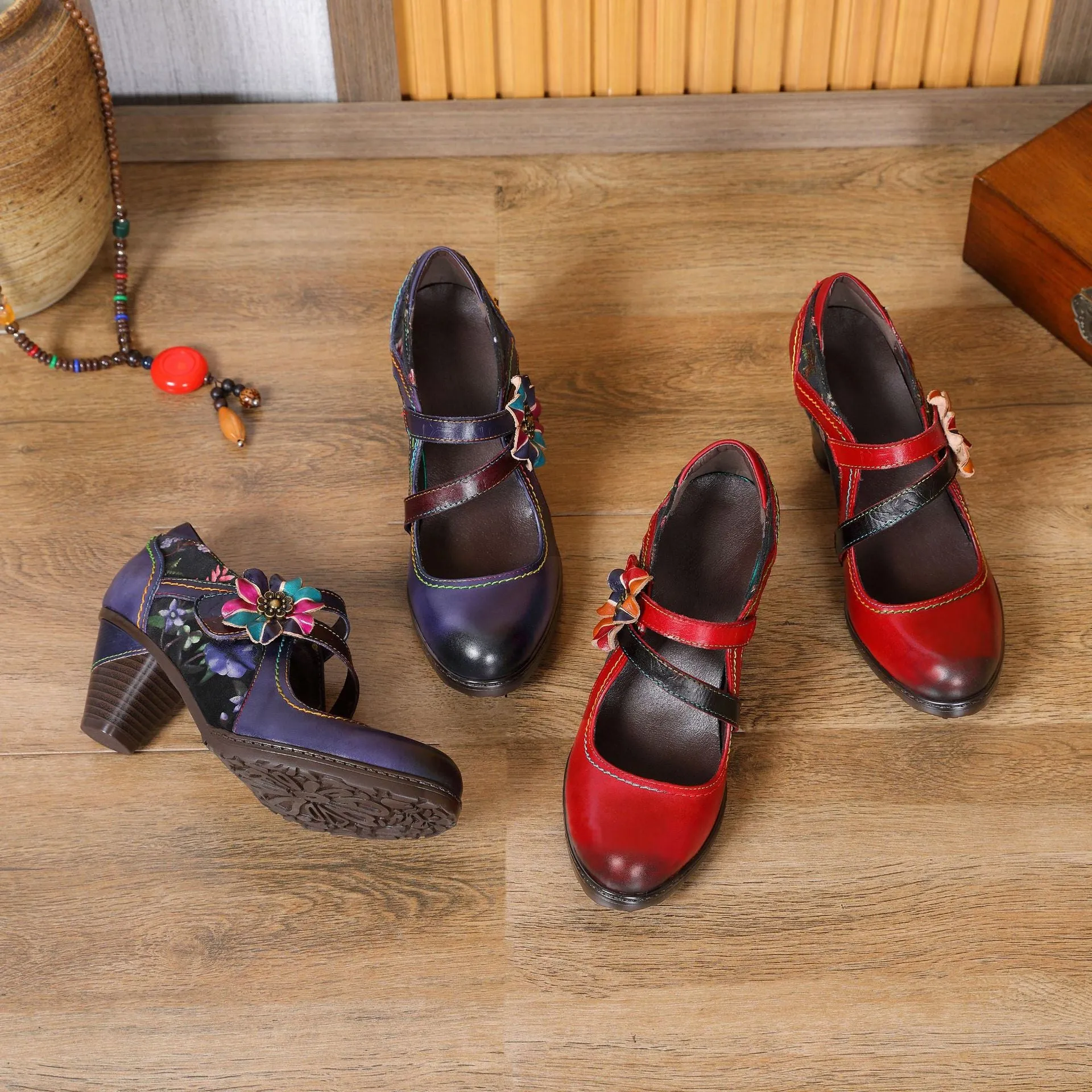 First Layer Cowhide Retro Flower Women's Shoes Red High Heels Fashion Single Shoes