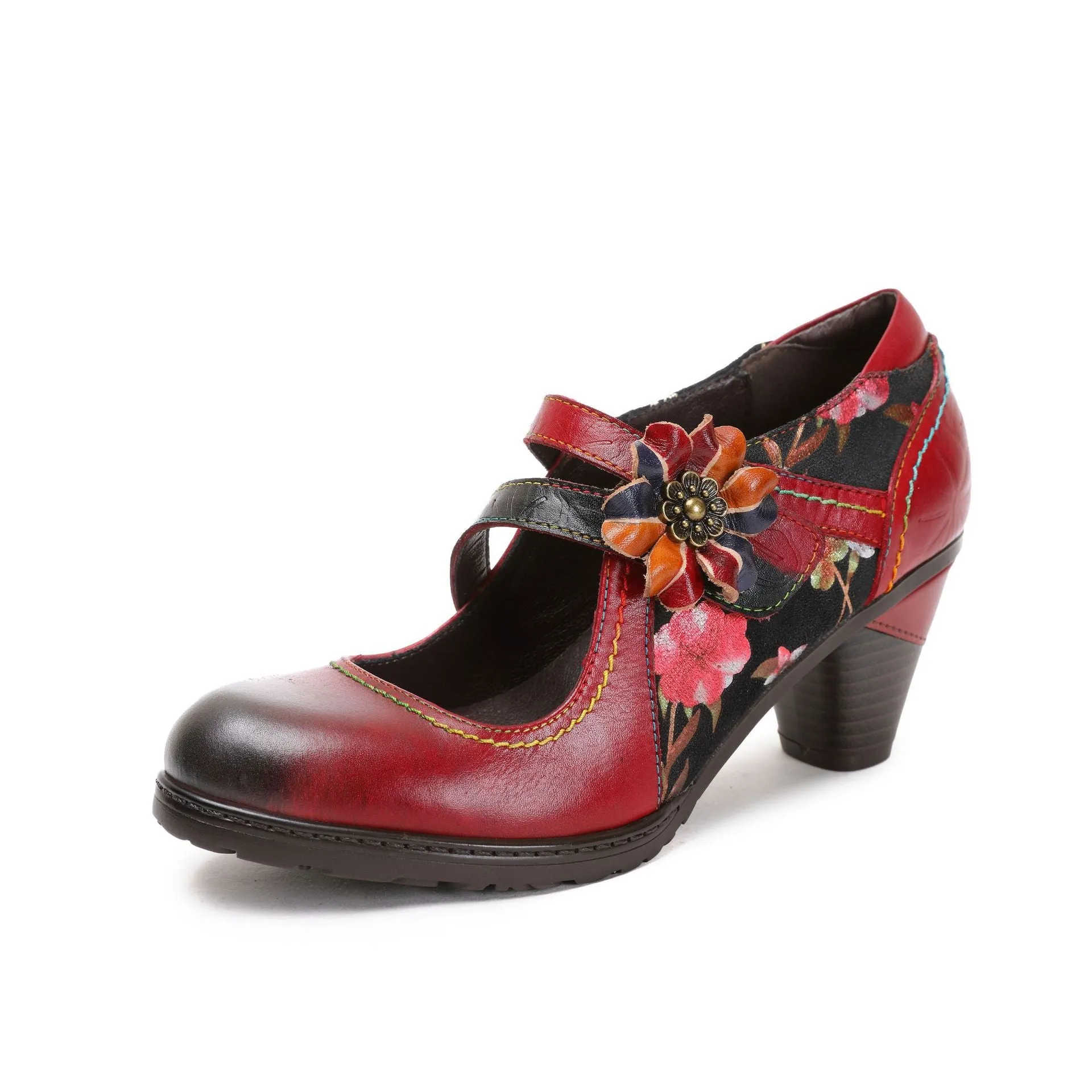 First Layer Cowhide Retro Flower Women's Shoes Red High Heels Fashion Single Shoes