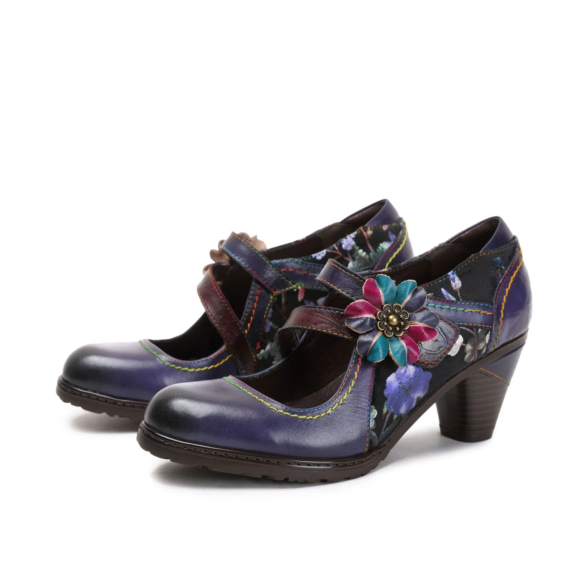 First Layer Cowhide Retro Flower Women's Shoes Red High Heels Fashion Single Shoes