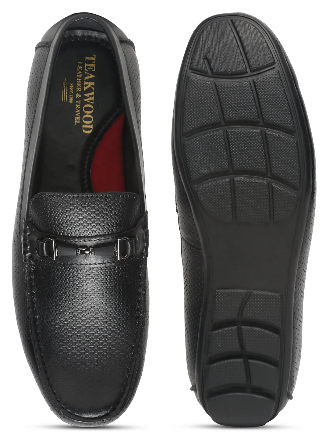 Men Black Textured Leather Loafer With Buckle Details