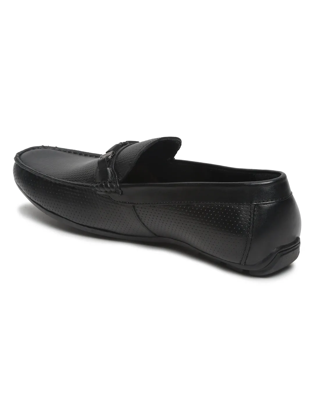 Men Black Textured Leather Loafer With Buckle Details