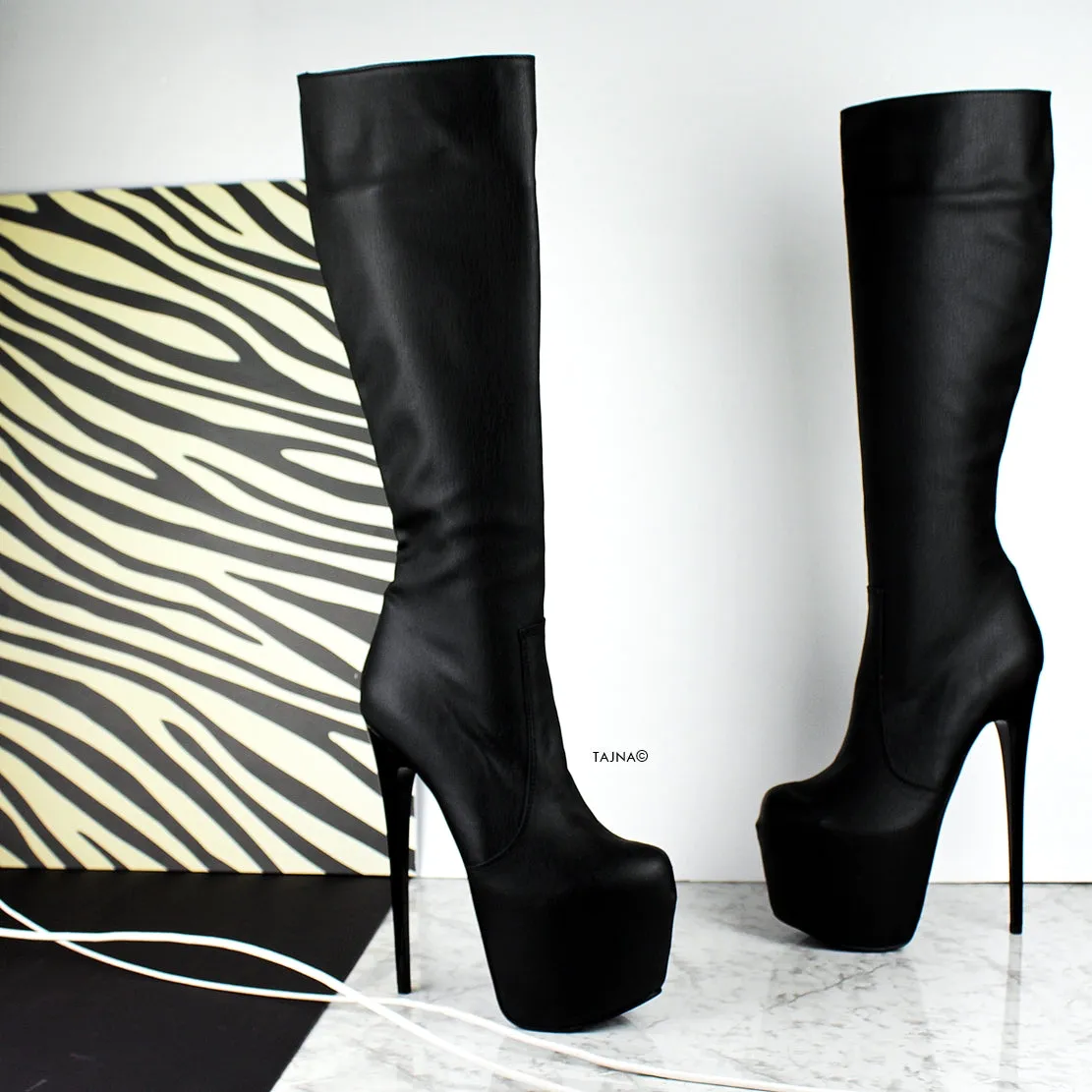 Mid-Calf High Heel Black Matte Boots