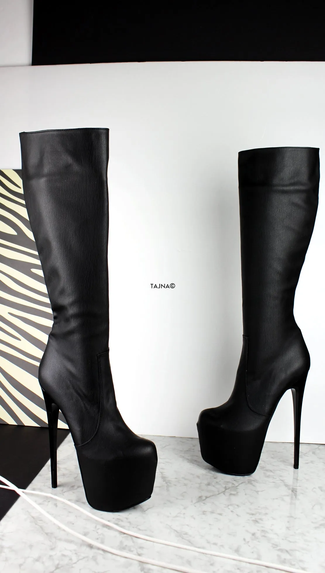 Mid-Calf High Heel Black Matte Boots