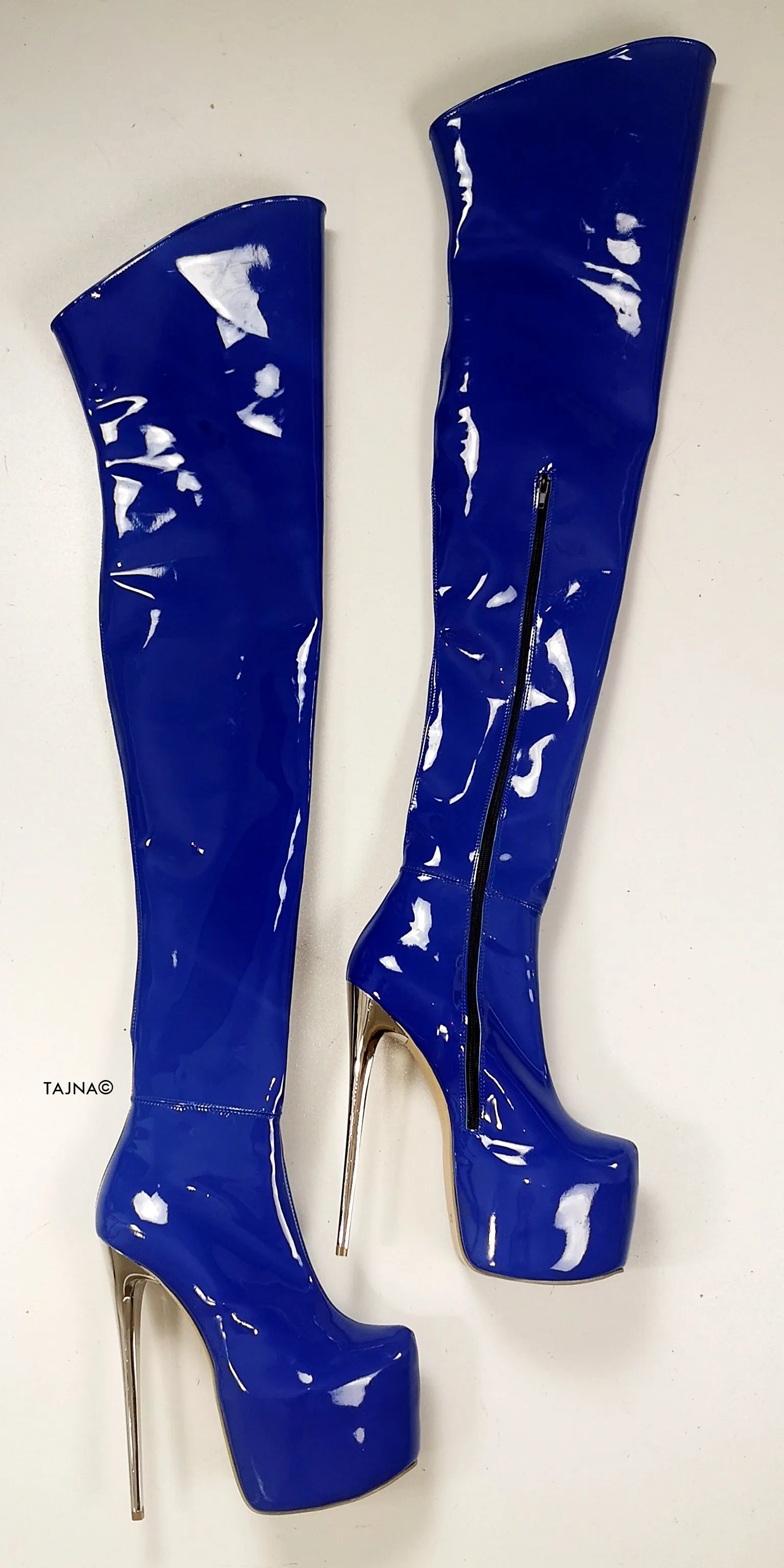 Saxe Blue Gloss Thigh High Heel Boots