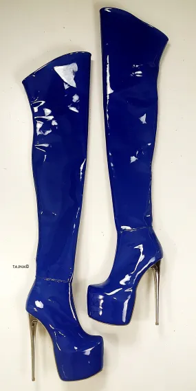 Saxe Blue Gloss Thigh High Heel Boots