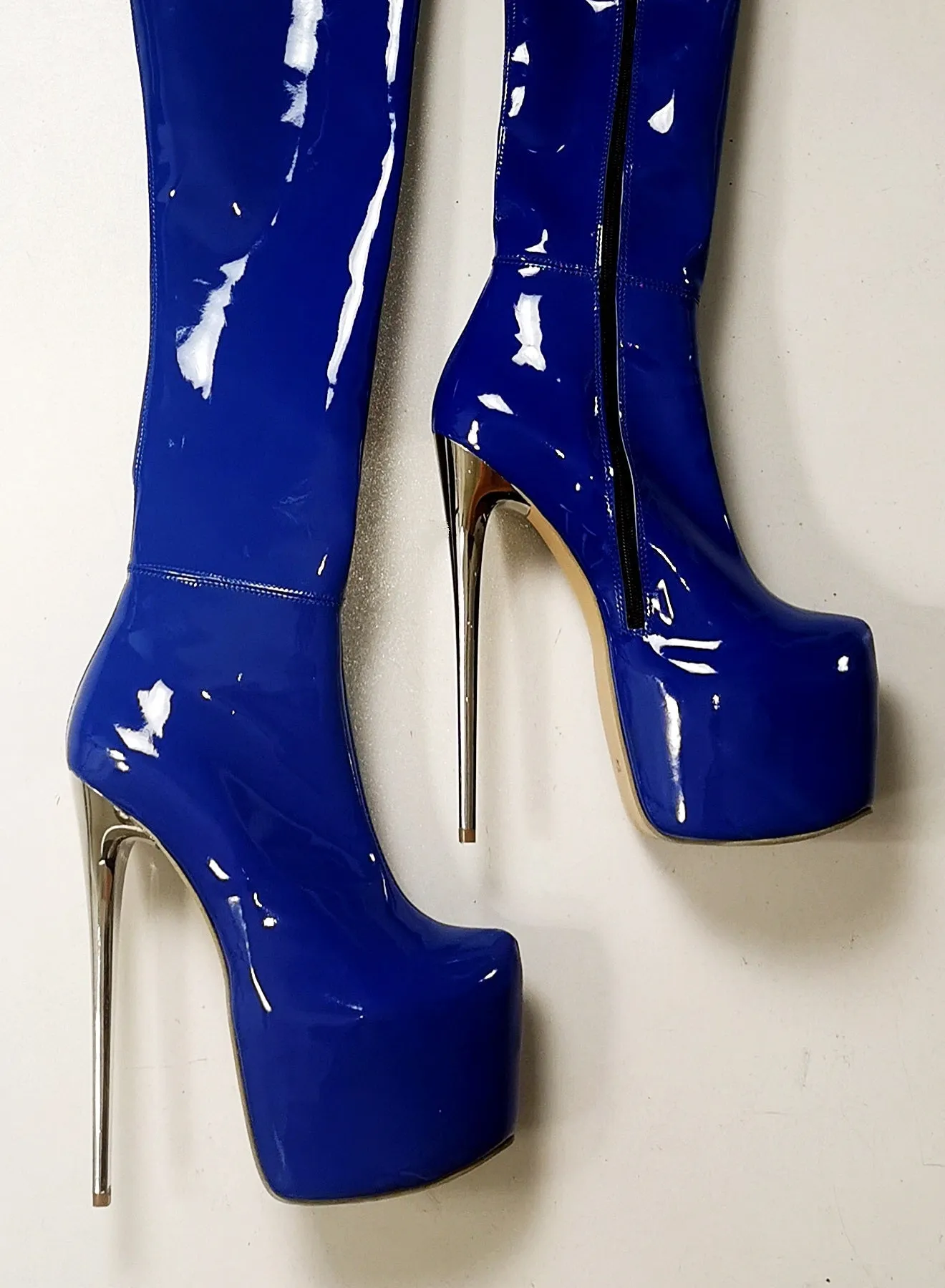 Saxe Blue Gloss Thigh High Heel Boots