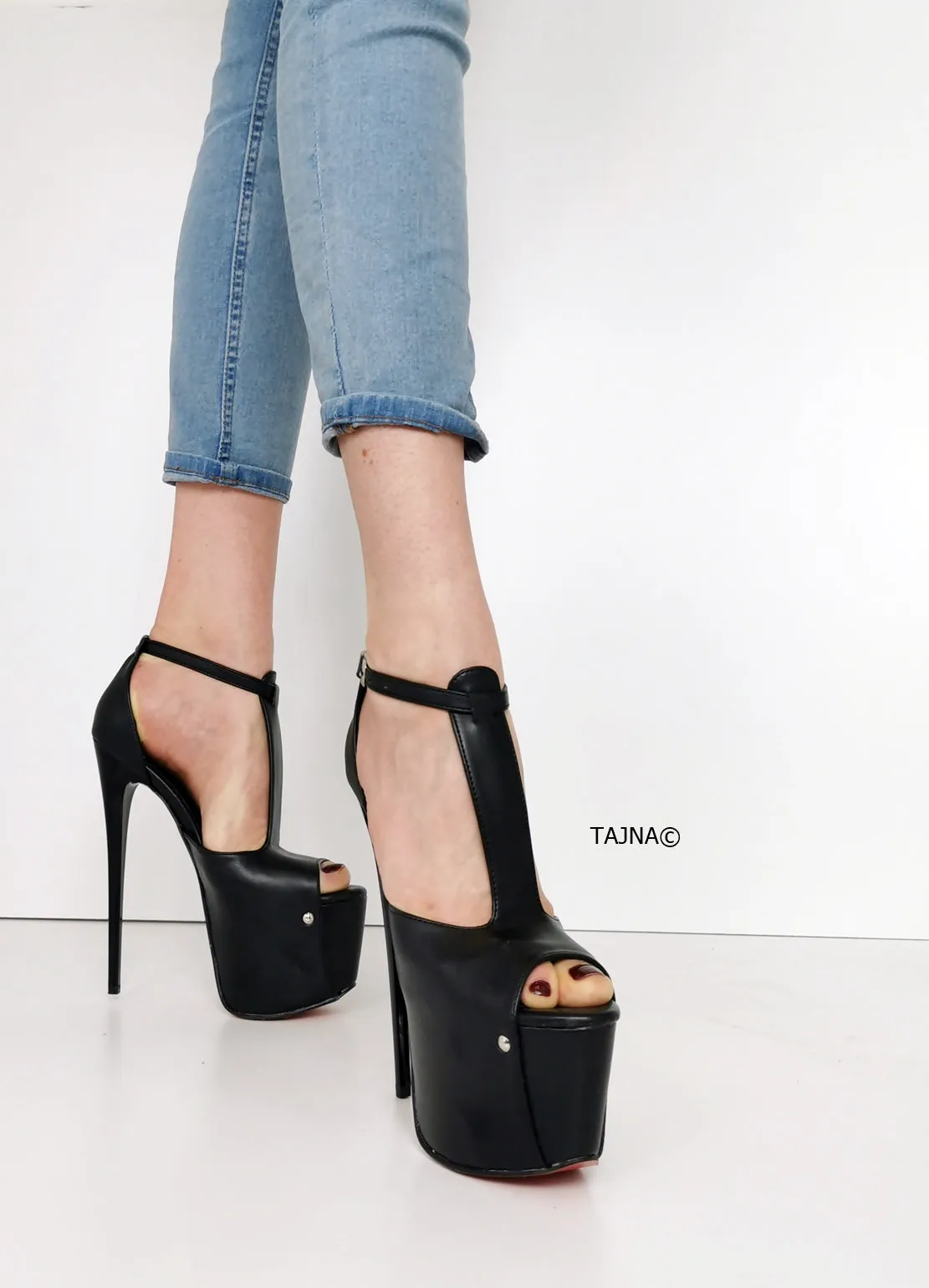 T Strap Peep Toe High Heels