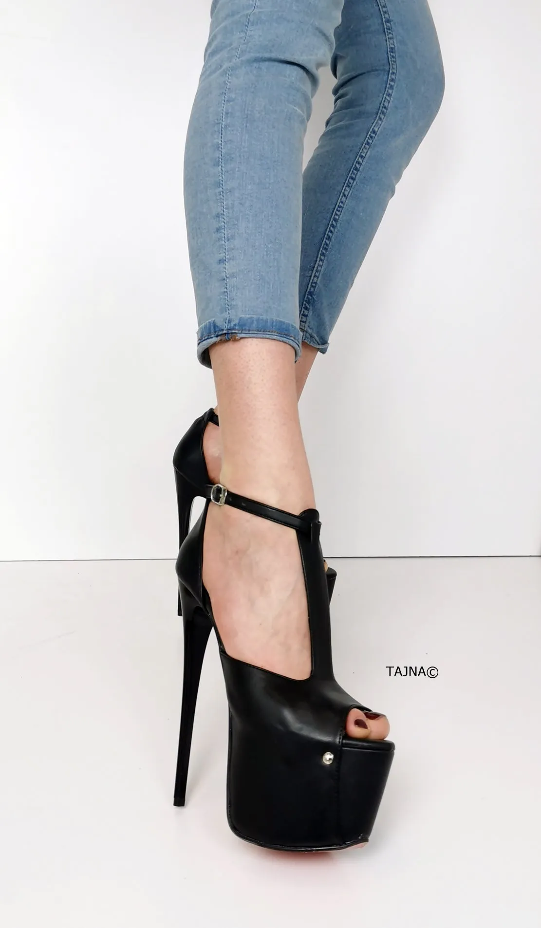 T Strap Peep Toe High Heels