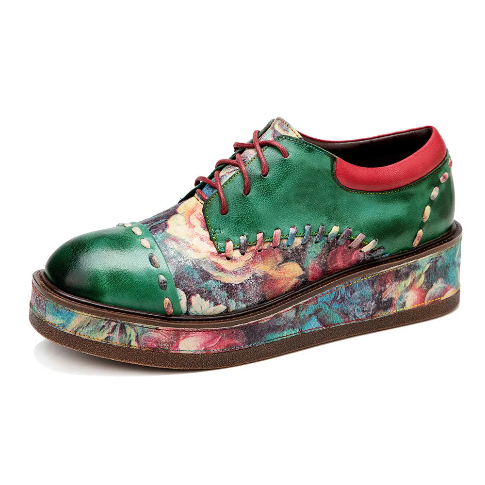 Vintage Muffin Heel Comfortable Print Round Head Low-top Leather Women's Shoes