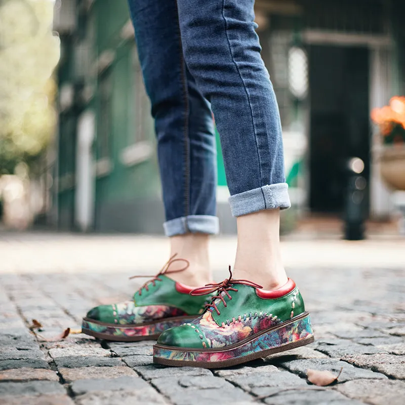 Vintage Muffin Heel Comfortable Print Round Head Low-top Leather Women's Shoes