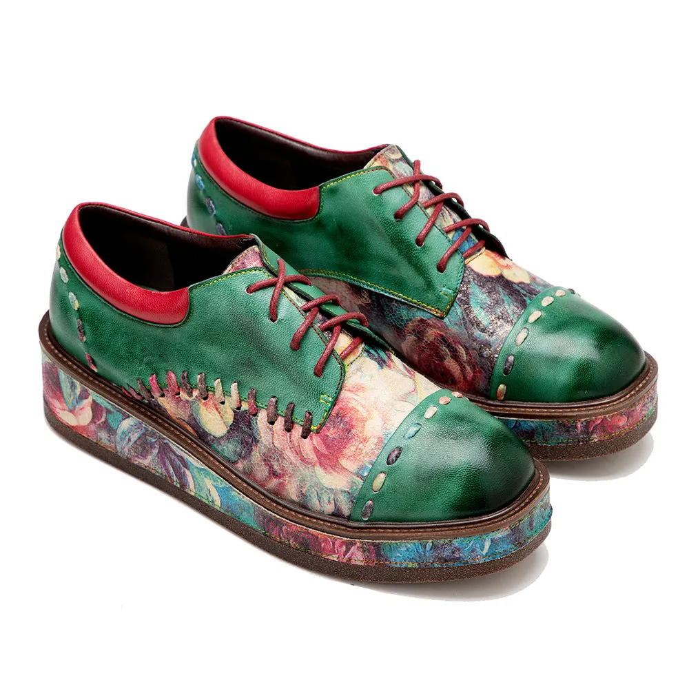 Vintage Muffin Heel Comfortable Print Round Head Low-top Leather Women's Shoes