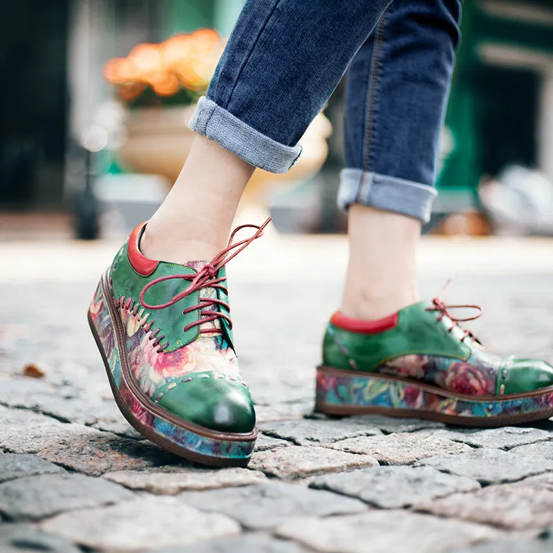 Vintage Muffin Heel Comfortable Print Round Head Low-top Leather Women's Shoes